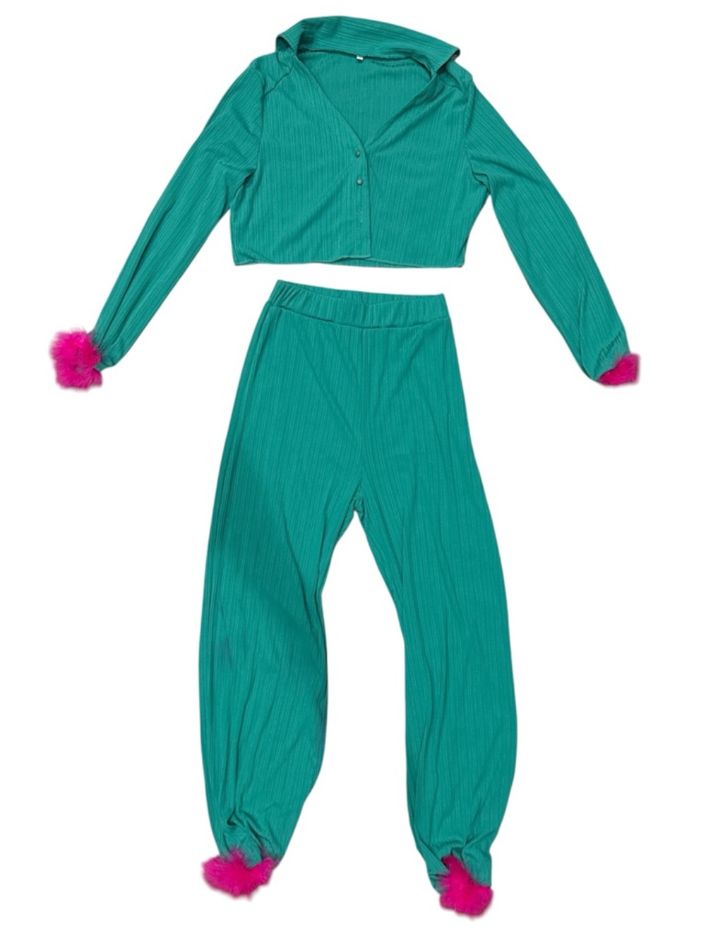 Green Two-Piece Lounge Set with Pink Fur Trim